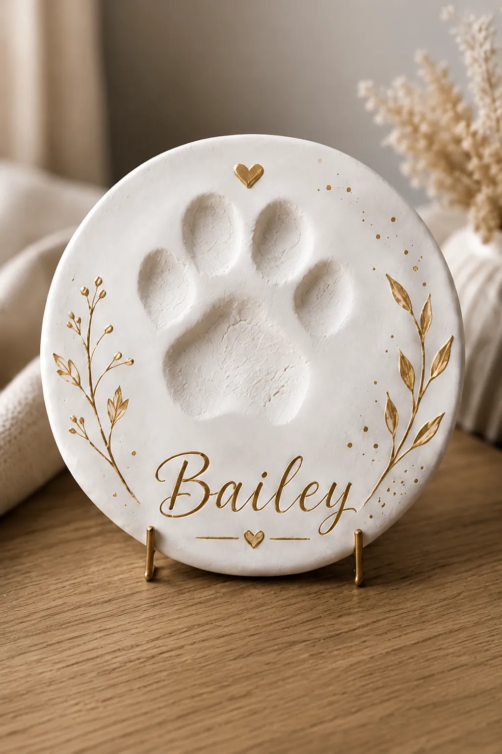 Classic clay paw print keepsake with gold leaf lettering and botanical detail
