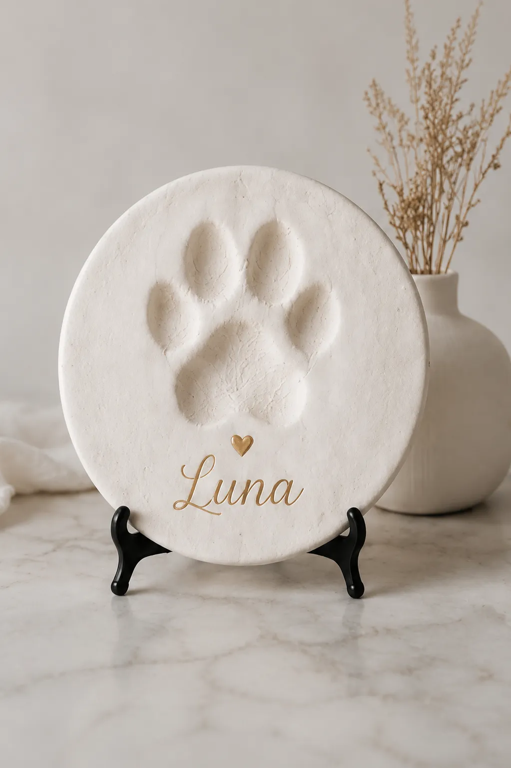 Minimalist clay paw print keepsake — white clay with gold name and heart on a black stand