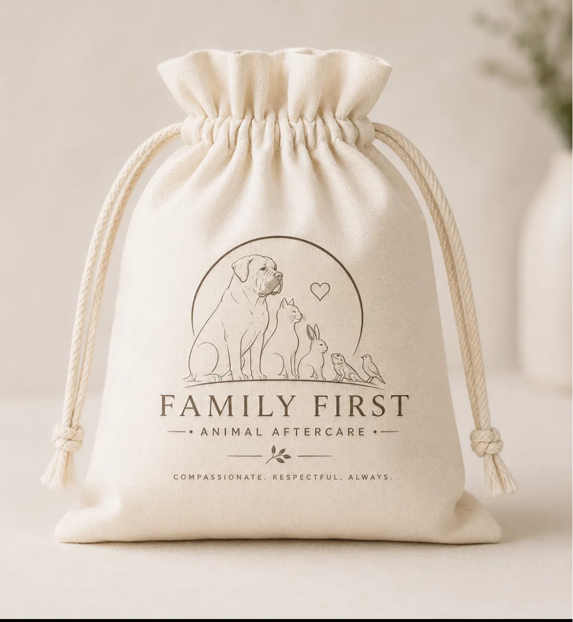 Ivory cotton keepsake bag embossed with the Family First Animal Aftercare emblem