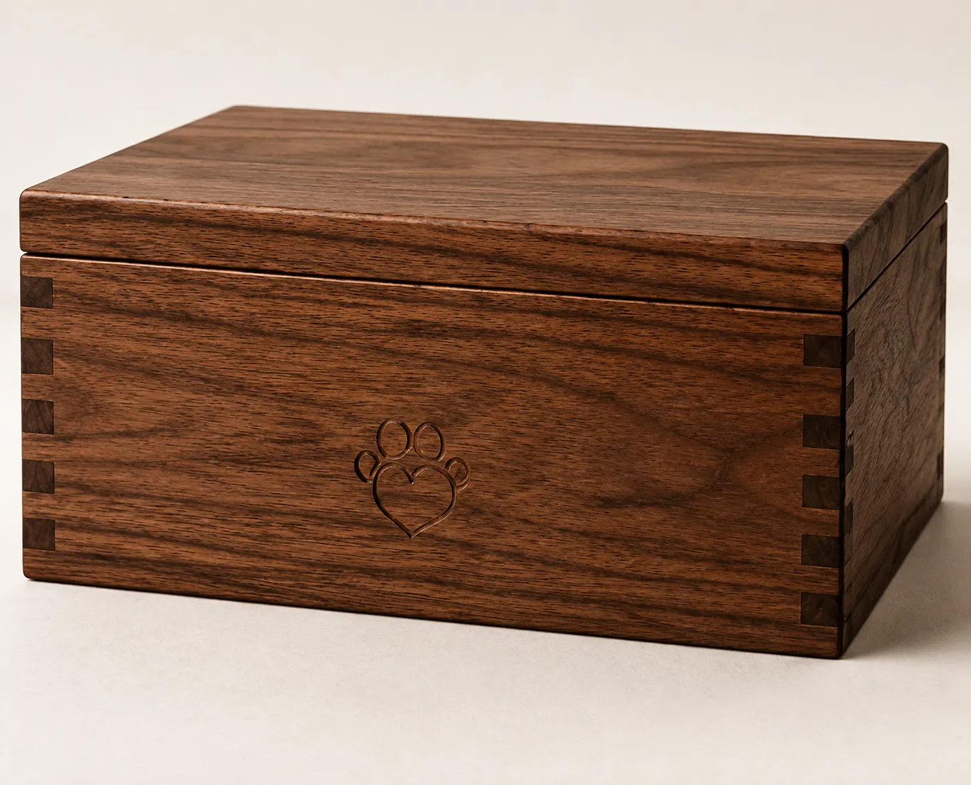 Handcrafted walnut pet urn with engraved paw print